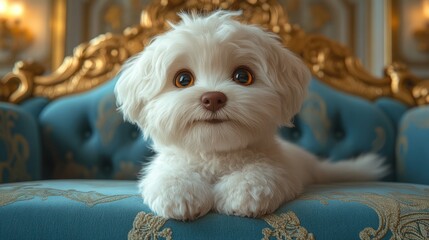 Wall Mural - Adorable white fluffy puppy dog sits on a luxurious teal couch.