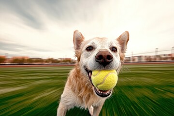 Wall Mural - a happy golden retriever dog with a tennis ball in its mouth looks directly at the camera with a gra