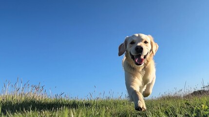 Wall Mural - a labrador retriever dog of a joyful golden retriever running towards the viewer in a grassy field w