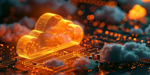 Wall Mural - a vibrant digital illustration of a cloud computing concept over a circuit board with glowing elemen