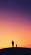© Tatiana - Minimalist Digital Illustration of Father and Child Silhouette on Hill Against Colorful Sunset, Peaceful and Reflective Atmosphere