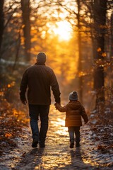 Poster - Father and child walking hand in hand through autumn forest at sunset