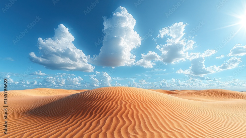 Expansive desert landscape under a vibrant blue sky with fluffy white ...