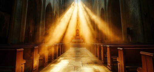 Wall Mural - Sunlight streams through a cathedral, illuminating the altar and pews.