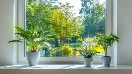 Aufkleber - Bright sunlight streams through a window showcasing a vibrant garden filled with lush greenery and colorful plants. Generative AI