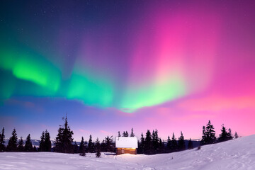 Wall Mural - cozy wooden cabin in snowy mountains under incredible northern lights in starry night sky. christmas