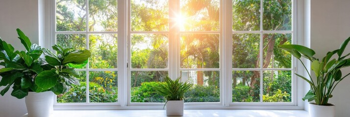 Aufkleber - Bright garden view from window with sunlight and lush greenery illuminating indoor plants during early morning. Generative AI