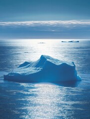 Poster - Melting iceberg surrounded by vast blue ocean under a clear sky showcasing the effects of climate change and rising sea levels. Generative AI