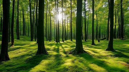 Wall Mural - forest with trees and grass. the sun is shining through the trees, creating a beautiful and peaceful