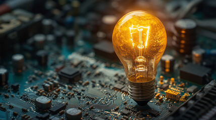 Yellow lightbulb glowing on a circuit board, copy space. science innovation and creative inspiration, lamp power symbolizing solution, electricity energy, invention.