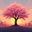 © IgorImageDoc - The image is a digital illustration of a large tree with pink cherry blossom flowers on its branches. The tree is standing on a hill with a beautiful landscape in the background.