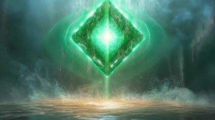 Wall Mural - green cube is floating in the air above a wet, misty ground. the cube is surrounded by a green fog, 
