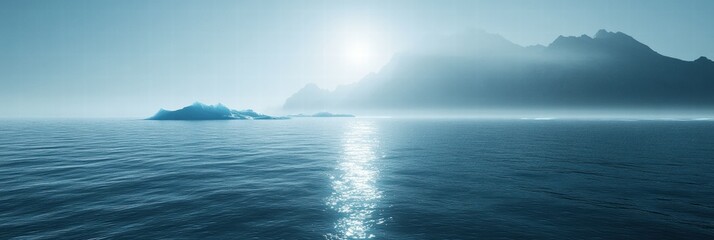 Poster - Melting iceberg floats in expansive blue ocean under a soft sunlight against distant mountain backdrop. Generative AI
