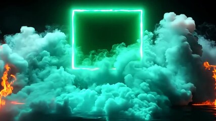 Wall Mural - green square is lit up in the middle of a dark sky. the sky is filled with smoke and fire, creating 