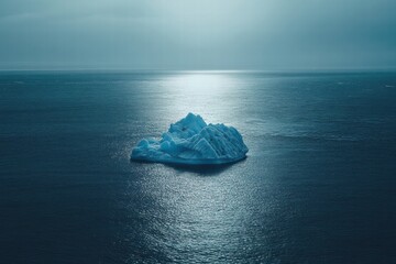 Fototapete - Melting iceberg floating in the deep blue ocean under a cloudy sky with reflection on the water surface. Generative AI