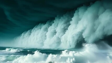 Wall Mural - large wave crashing into the shore. the water is choppy and the sky is dark and cloudy. scene is int