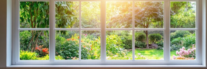 Aufkleber - Bright garden view through a window showcasing vibrant nature in the morning sunlight. Generative AI