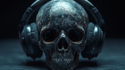 Poster - A macabre still life featuring a human skull adorned with a pair of headphones, creating a thought-provoking image that explores themes of mortality and technology.