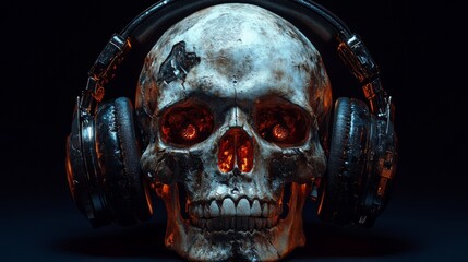 Poster - A chilling image of a human skull wearing headphones, with eerie glowing eyes, creating a surreal and unsettling scene.