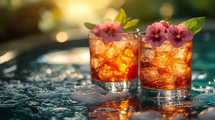 Poster - Two refreshing cocktails, garnished with edible flowers and ice cubes, sparkle in the warm evening light, inviting a moment of relaxation and indulgence.