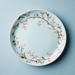 Wall Mural - Floral design dinner plate, pastel blue background.