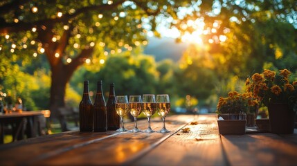 Poster - Elegant table setting with sparkling drink and fresh fruits at sunset gathering