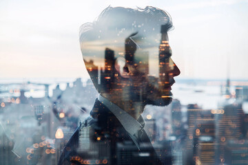 Wall Mural - a double exposure image showing a silhouette of a worker against a backdrop of city lights generativ