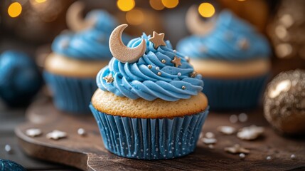 Wall Mural - Delicious blue frosted cupcakes with moon and star decorations on a rustic wooden board