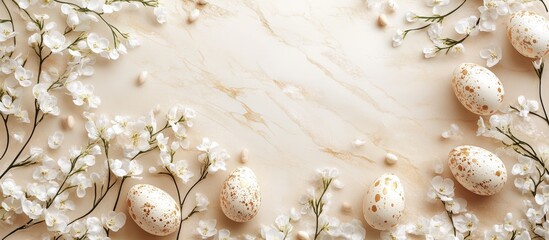 Wall Mural - Joyful Easter flat lay composition featuring white flowers and decorated eggs on a light backdrop with space for personalized text.