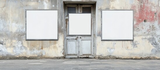 Sticker - Banners with blank signboards on weathered wall creating empty space for advertising or messaging purposes.