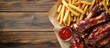 © The 2R Artificiality - Barbecue spare ribs and chicken wings served with French fries on a rustic wooden table with empty space for text or menu options