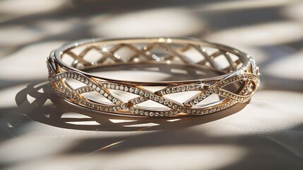 Wall Mural - A finely crafted diamond bangle with an openwork design, showcased on a matte ivory background.