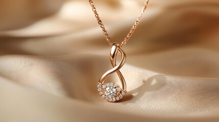 Wall Mural - A finely crafted diamond pendant necklace with an infinity symbol design, set against a neutral taupe background.