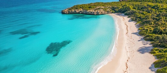 Canvas Print - Aerial view of a serene white sandy beach with clear turquoise waters perfect for vacation ads and travel marketing with empty text space