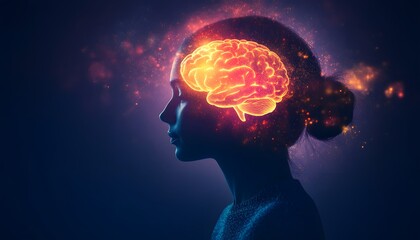 Poster - Abstract Representation of a Thoughtful Woman with Illuminated Brain Surrounded by Cosmic Light Elements and Colors in a Dark Background