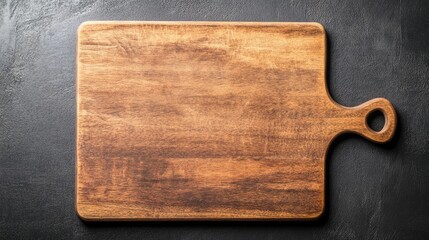 Close up of a rustic wooden cutting board with ample empty space for branding or marketing text on a dark textured background