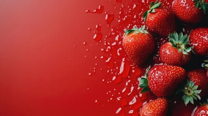 Wall Mural - Fresh ripe strawberries splashing in water on a vibrant red background Healthy eating summer concept with space for text or graphics