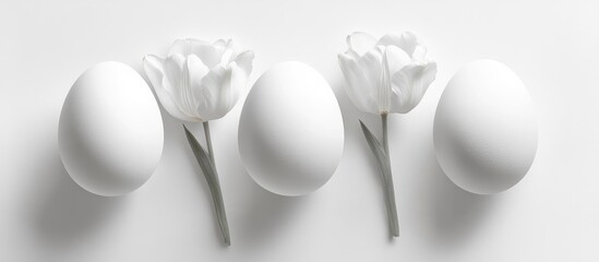 Wall Mural - Minimalist Easter Arrangement with White Eggs and Tulips on Soft Background Empty Space for Spring Celebration Text