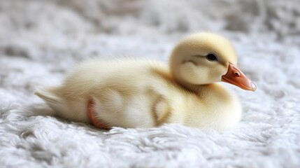 Close up of an adorable fluffy yellow duckling resting on soft fabric with a blurred background ideal for adding personalized text or designs