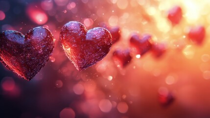 Poster - Floating hearts with sparkling droplets in a dreamy, colorful background