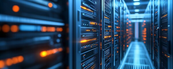 Fototapete - High Tech Data Server Room with Blinking LED Lights and Advanced Networking Equipment : Generative AI