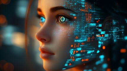 Aufkleber - Futuristic digital face with glowing neon blue and orange circuit patterns symbolizing AI integration : Generative AI