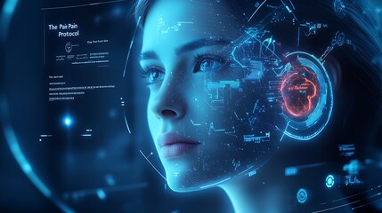 Poster - Futuristic Digital Interface with AI Technology Overlay on a Human Face : Generative AI