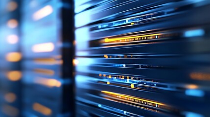 Fototapete - Close up of futuristic blue data center technology with illuminated server lights in sleek digital environment : Generative AI