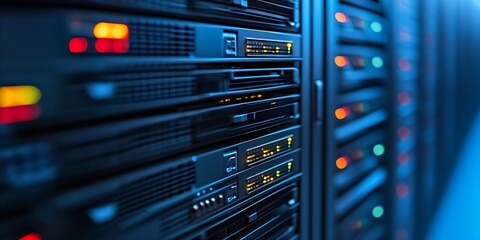 Poster - Close-Up on Modern Data Center Servers With Vibrant LED Indicators and High-Tech Design : Generative AI