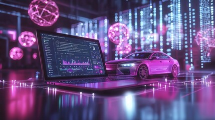Futuristic car design displayed on laptop screen with data visualization.