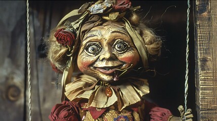 Madame character puppet vibrant red gold attire holds red rose wears gold necklace her crazy eyes adding an unsettling touch