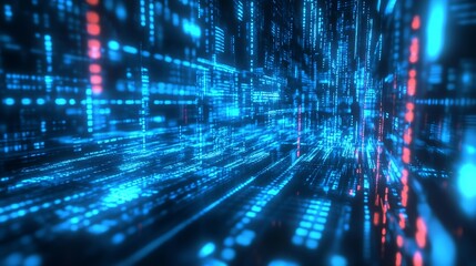Poster - Futuristic Digital Data Stream in Blue and Red Glows for High-Tech Backgrounds : Generative AI