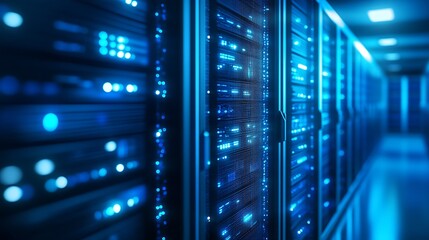 Fototapete - Illuminated Server Room with Advanced Technology and Digital Networking : Generative AI