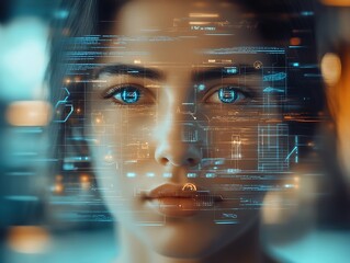 Poster - Woman's face with illuminated digital interface showcasing futuristic technological themes : Generative AI